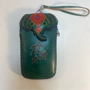 Handmade Leather‎ Elephant Clutch Wristlet Cell Phone Case Teal Blue Green